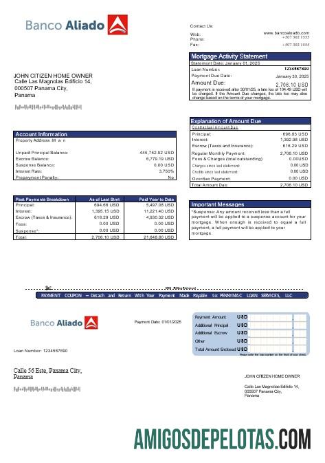 Extrato de hipoteca do Panamá Banco Aliado em formatos Word e PDF baixar para verificação